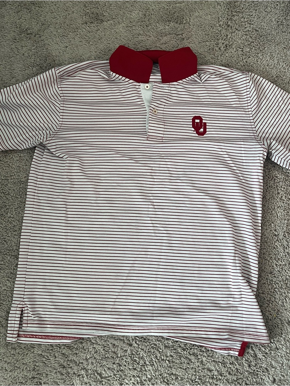 Southern Tide Red & White Striped Polo with OU Logo